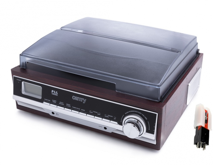 Pick up cu aspect retro 3 viteze redare stereo intrare/iesire AUX radio AM/FM ceas cu alarma doza cu ac de rezerva [2]