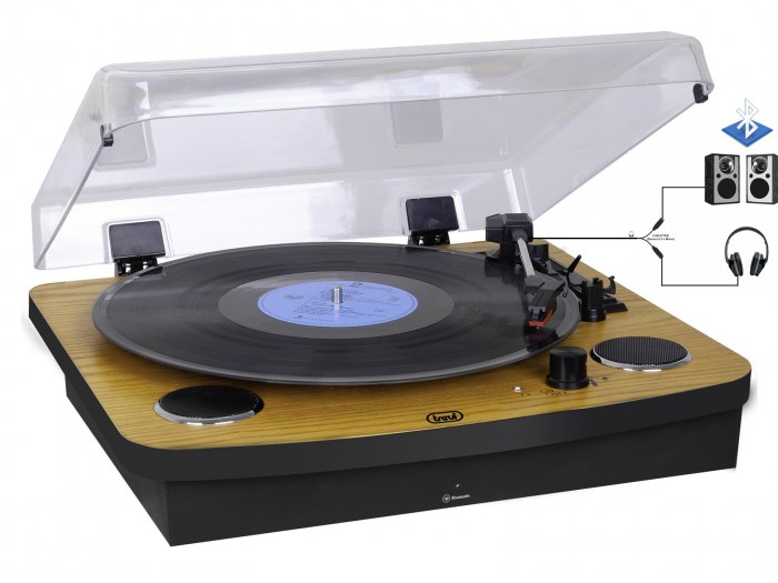 Pick-up retro vintage carcasa din lemn stereo  functie Bluetooth port USB intrare/iesire AUX-IN iesire audio RCA  viteze vinil 33/45/78 rpm Trevi Italia 0T102230  difuzoare 6W gri/cires [1]