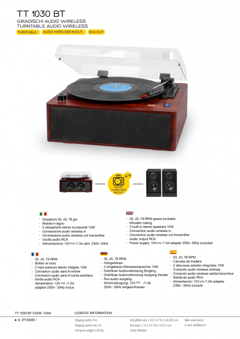 Pick up vintage Trevi TT1030BT sistem audio stereo 15W, carcasa din lemn cires, intrare/iesire  auxiliara 2 RCA si wireless [6]