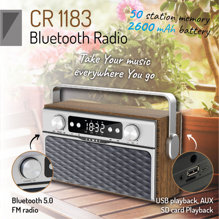 Radio bluetooth 5.0 CR1183 portabil cu aspect retro,  memorie 50 posturi, redare de pe USB si card SD, intrare auxiliara, ceas, putere 16W [6]