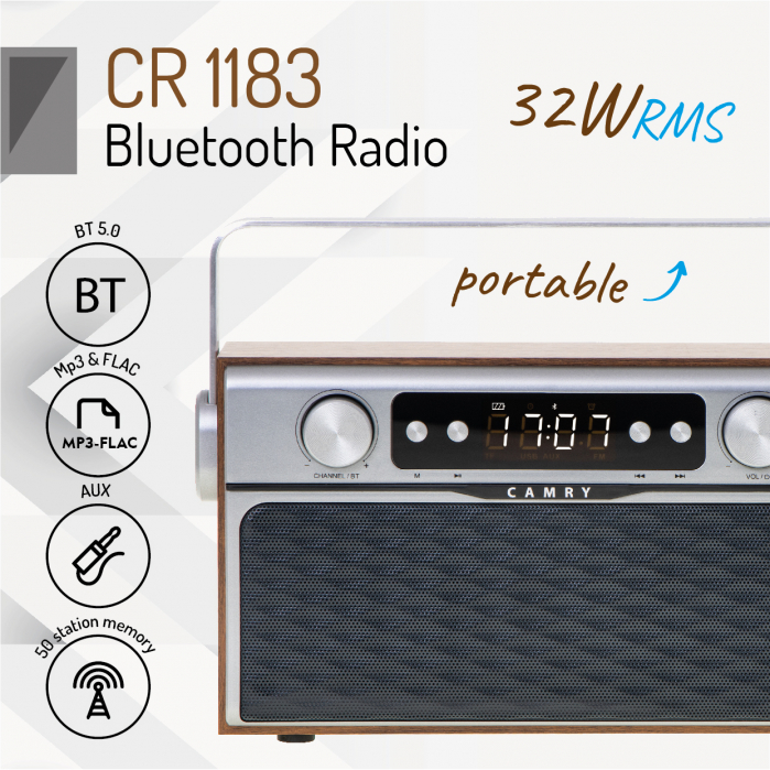 Radio bluetooth 5.0 CR1183 portabil cu aspect retro,  memorie 50 posturi, redare de pe USB si card SD, intrare auxiliara, ceas, putere 16W [3]