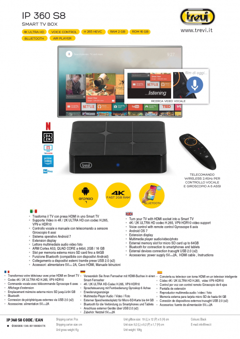 Receiver adaptor telefon android- TV Smart cu afisare smartphone pe ecranul TV Trevi Smart TV BOX IP360SB telecomanda cu control vocal [4]