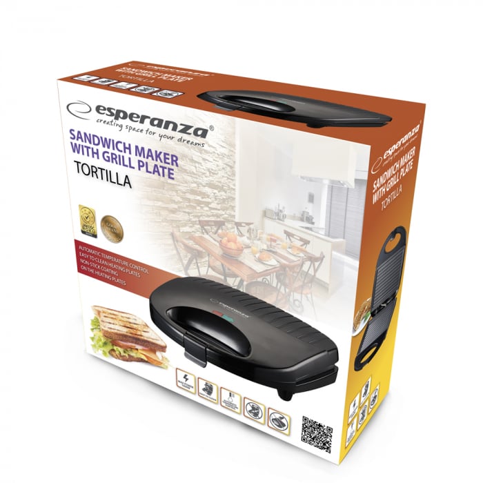 Sandwich maker  Tortilla 1000 W, placi neaderente, termostat, indicator LED, negru [4]