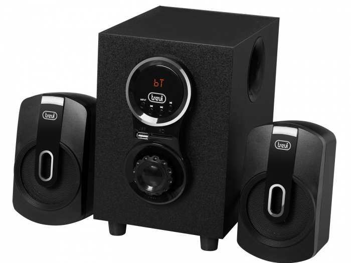 System boxe active 2.1  cu amplificare 30W  telecomanda, subwoofer bass reflex, conexiune bluetooth, redare MP3,  port USB si micro SD, intrari AUX 2 x RCA carcasa lemn gri platinat Trevi Italia AV615 [5]