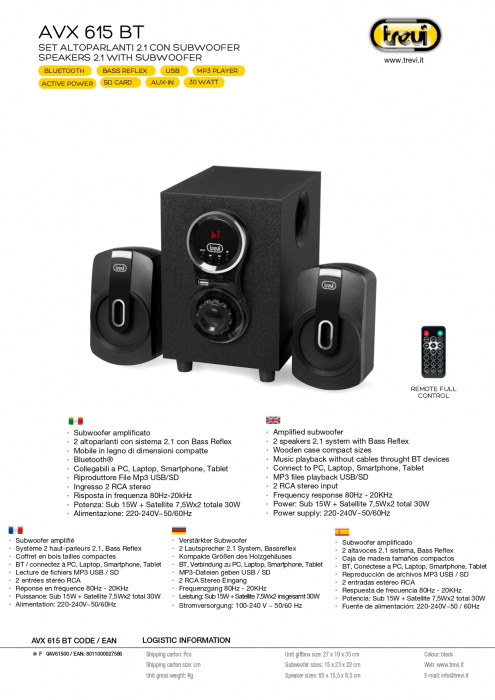 System boxe active 2.1  cu amplificare 30W  telecomanda, subwoofer bass reflex, conexiune bluetooth, redare MP3,  port USB si micro SD, intrari AUX 2 x RCA carcasa lemn gri platinat Trevi Italia AV615 [6]
