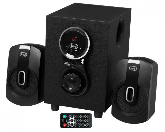 RESIGILAT System boxe active 2.1  cu amplificare 30W  telecomanda, subwoofer bass reflex, conexiune bluetooth, redare MP3,  port USB si micro SD, carcasa lemn gri platinat Trevi Italia -RESIGILAT- [1]