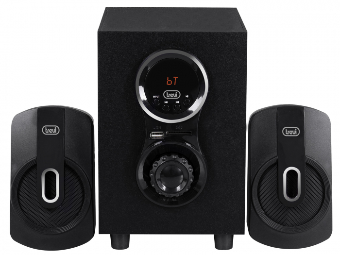 System boxe active 2.1  cu amplificare 30W  telecomanda, subwoofer bass reflex, conexiune bluetooth, redare MP3,  port USB si micro SD, intrari AUX 2 x RCA carcasa lemn gri platinat Trevi Italia AV615 [4]