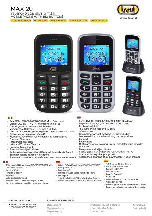 RESIGILAT - Telefon seniori butoane mari iluminate camera foto, difuzor, lanterna, agenda 150,  5 numere cu functie SOS, bluetooth ,iesire casti, ceas, alarma Trevi Italia MAX2000 - RESIGILAT [6]