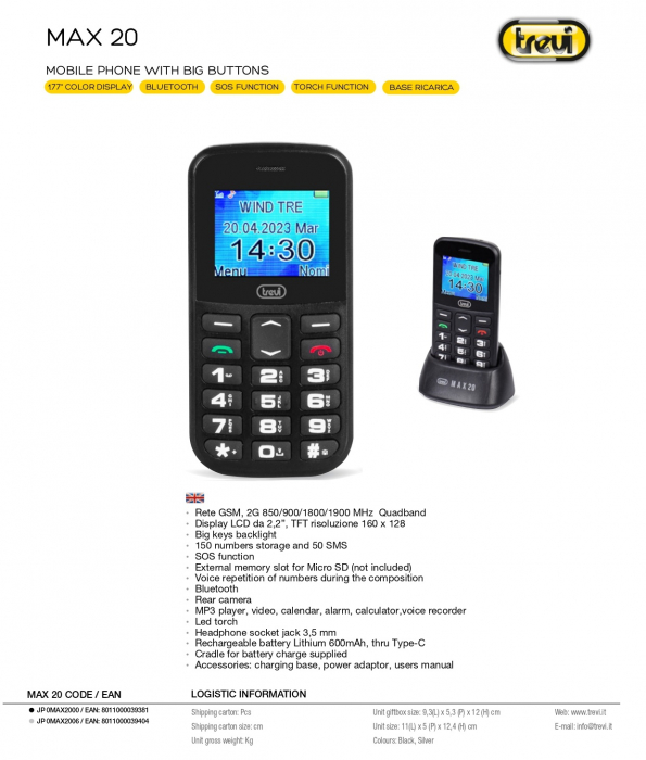 RESIGILAT - Telefon seniori butoane mari iluminate camera foto, difuzor, lanterna, agenda 150,  5 numere cu functie SOS, bluetooth ,iesire casti, ceas, alarma Trevi Italia MAX2000 - RESIGILAT [7]