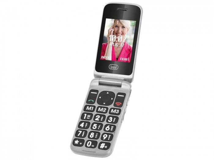 Telefon seniori Trevi Italia pliabil dubludisplay, butoane mari camera foto, radio FM, difuzor, lanterna, agenda 250,  5 numere cu functie SOS, bluetooth ,iesire casti, reportofon, alarma, silver [6]
