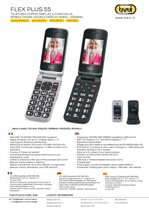 Telefon seniori Trevi Italia pliabil dubludisplay, butoane mari camera foto, radio FM, difuzor, lanterna, agenda 250,  5 numere cu functie SOS, bluetooth ,iesire casti, reportofon, alarma, silver [2]