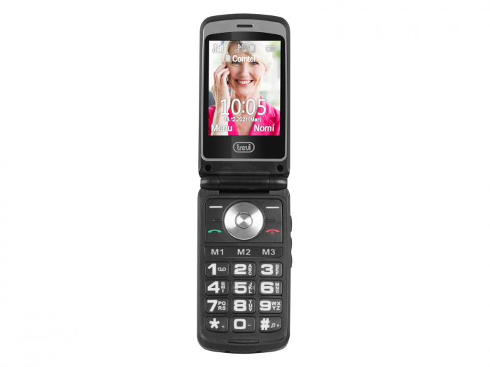 Telefon seniori Trevi Italia pliabil dubludisplay soclu incarcare butoane mari camera foto, radio difuzor lanterna agenda 250, 8 numere functie SOS, bluetooth ,iesire casti, reportofon, alarma, gri [4]