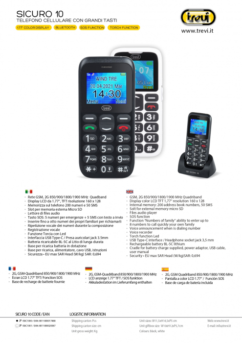 -RESIGILAT- Telefon seniori Trevi Italia SICURO 10 cu butoane mari iluminate difuzor, lanterna, agenda 200,  5 numere cu functie SOS, ceas, alarma-RESIGILAT- [7]