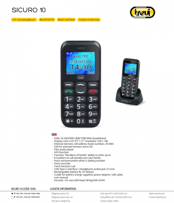-RESIGILAT- Telefon seniori Trevi Italia SICURO 10 cu butoane mari iluminate difuzor, lanterna, agenda 200,  5 numere cu functie SOS, ceas, alarma-RESIGILAT- [8]