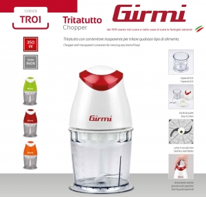 Tocator chopper Girmi - TR01 cu lame din inox, putere 350W, vas gradat 500ml, alb-rosu [1]