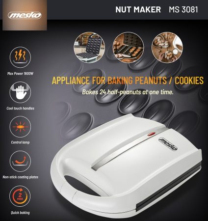 Aparat desert Mesko dublu format cu 24 prajituri in forma de nuci, invelis antiaderent, 1600 W carcasa termoizolanta, picioare antiderapante, negru [5]