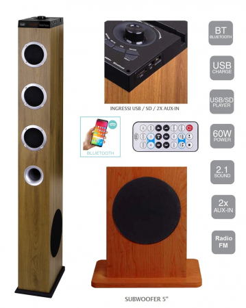 Boxa turn 100cm  din lemn cires  Trevi Italia XT10A830  All in One 3 difuzoare frontale+surround+woofer+bass reflex, Bluetooth, USB, SD, AUX-IN jack 3.5, AUX-IN 2xRCA, USB Charge, Radio, telecomanda - [0]