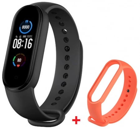 Bratara fitness smartwatch MEM5K Bluetooth, Tensiometru, Pulsoximetru, Ritm Cardiac, Pedometru, Monitorizare Somn, Activitati, Notificari, Negru + bratara de schimb orange [0]