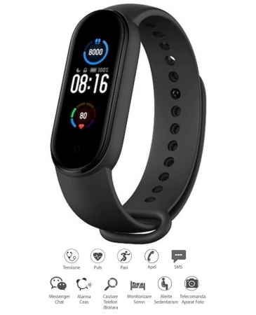 Bratara fitness smartwatch MEM5K Bluetooth, Tensiometru, Pulsoximetru, Ritm Cardiac, Pedometru, Monitorizare Somn, Activitati, Notificari, Negru + bratara de schimb orange [1]