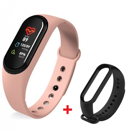 Bratara fitness smartwatch MEM5P Bluetooth, Tensiometru, Pulsoximetru, Ritm Cardiac, Pedometru, Monitorizare Somn, Activitati, Notificari, Roz + bratara de schimb negru [0]