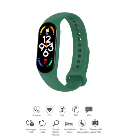 Bratara fitness smartwatch MEM7G Bluetooth, Tensiometru, Pulsoximetru, Ritm Cardiac, Pedometru, Monitorizare Somn, Activitati, Notificari, rezistent umezeala IP67 Verde [0]