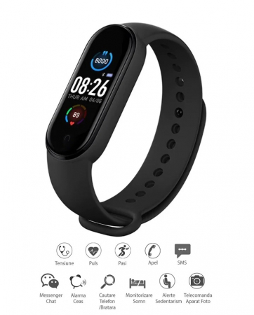 Bratara fitness smartwatch MEM7B1 Bluetooth, Tensiometru, Pulsoximetru, Ritm Cardiac, Pedometru, Monitorizare Somn, Activitati, Notificari, rezistent umezeala IP67 Negru [0]