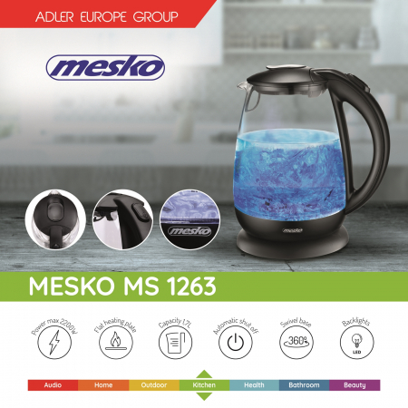 Cana electrica din sticla, iluminare din baza, putere 2200W, capacitate 1.7L, oprire automata MEMS1263 [1]