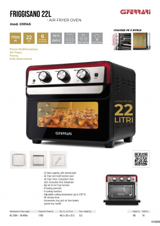 Cuptor electric multifunctional Friggisano 22L G3Ferrari Italia  G10145 1700W, 6 programe de gatit, deshidrator,  temporizator si temperatura reglabila 70- 230°C timer 60 m [4]