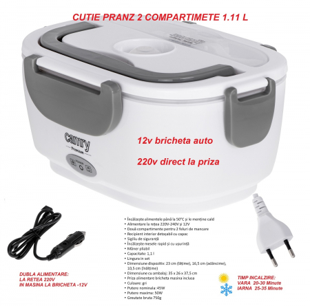 Cutie electrica pentru pranz  CR4483 2 compartimente  1.11 Litri dubla alimentare priza 220v si bricheta auto 12v incalzire 50 grade 20-25min [1]