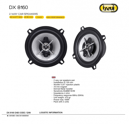 Difuzoare auto 2 x 100W 2 cai super TBass  Trevi 8160 Ø 130 mm sensibilitate 83dB Woofer polipropilena surround din carbon frecventa 80Hz-25KHz [4]