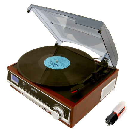 Pick up cu aspect retro 3 viteze redare stereo intrare/iesire AUX radio AM/FM ceas cu alarma doza cu ac de rezerva [3]