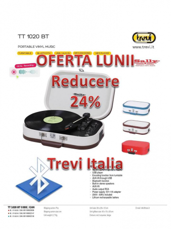 Pick-up portabil acumulator incorporat stereo  inregistrare pe stick USB functie Bluetooth port USB intrare/iesire AUX-IN iesire audio 2 x RCA  viteze vinil 33/45/78 rpm Trevi  0T102016 cream [6]