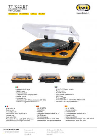 Pick-up retro vintage carcasa din lemn stereo  functie Bluetooth port USB intrare/iesire AUX-IN iesire audio RCA  viteze vinil 33/45/78 rpm Trevi Italia 0T102230  difuzoare 6W gri/cires [1]