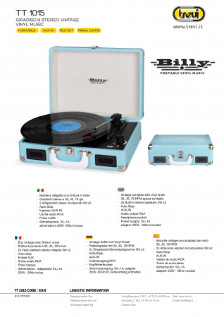 Pick-up retro vintage in valiza  functie  intrare/iesire AUX-IN iesire audio RCA  viteze vinil 33/45/78 rpm Trevi Italia 0T101504  difuzoare 6W blue [6]