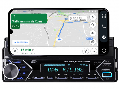 RadioAuto DAB+  cu informatii suplimentare meteo, trafic, info melodie curenta, panou frontal cu suport smartphone, Bluetooth, USB/MicroSD/AUX IN, ceas, telecomanda, putere 160W, antena DAB inclusa [1]