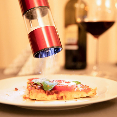 Rasnita electrica Rosu lucios pentru sare si piper MEKP001R  cu camere depozitare transparente, control finetea macinarii iluminare led [1]