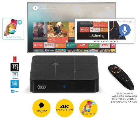 TV, Audio-Video & Foto - Receiver adaptor telefon android- TV Smart cu afisare smartphone pe ecranul TV Trevi Smart TV BOX IP360SB telecomanda cu control vocal