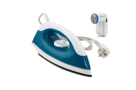 Ingrijire locuinta - Set fier de calcat de voiaj si aspirator scame, alb/albastru, putere 1200w cu dimensiuni reduse recomandat pentru deplasari