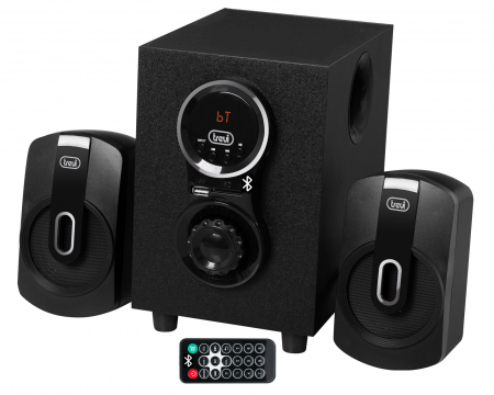 Boxe Portabile - RESIGILAT System boxe active 2.1  cu amplificare 30W  telecomanda, subwoofer bass reflex, conexiune bluetooth, redare MP3,  port USB si micro SD, carcasa lemn gri platinat Trevi Italia -RESIGILAT-