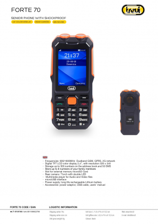 TELEFON MOBIL  TREVI FORTE 70 PENTRU VARSTNICI CU CARCASA REZISTENTA LA SOCURI BLUETOOTH, CAMERA FOTO, LANTERNA LED 300 CONTACTE 8 NUMERE MEMORATE DIRECT PE TASTELE 1 - 8 [7]