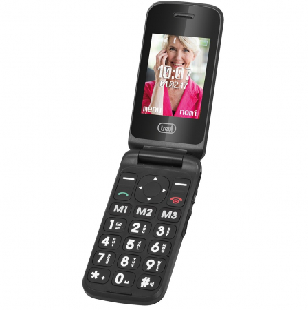 Telefoane pentru seniori - Telefon seniori Trevi Italia pliabil dubludisplay, butoane mari camera foto, radio FM, difuzor, lanterna, agenda 250,  5 numere cu functie SOS, bluetooth ,iesire casti, reportofon, ceas, alarma