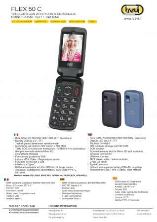 Telefon seniori Trevi Italia FLX50C04  pliabil butoane mari camera foto, radio FM, difuzor, lanterna, agenda 250,  5 numere cu functie SOS, bluetooth ,iesire casti, reportofon, ceas, alarma blue [1]