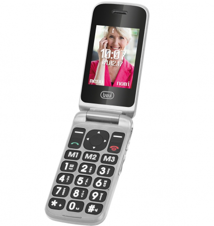 Telefoane mobile & Accesorii - Telefon seniori Trevi Italia pliabil dubludisplay, butoane mari camera foto, radio FM, difuzor, lanterna, agenda 250,  5 numere cu functie SOS, bluetooth ,iesire casti, reportofon, alarma, silver