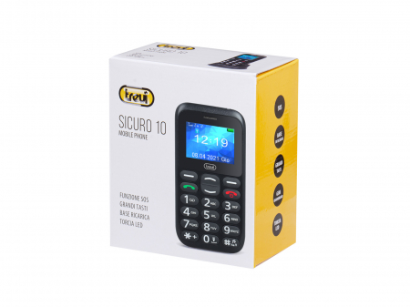 Telefon seniori Trevi Italia SICURO 10 cu butoane mari iluminate difuzor, lanterna, agenda 200,  5 numere cu functie SOS ,iesire casti, ceas, alarma [1]