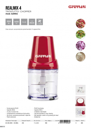 Tocator chopper G3Ferrari G20154 cu 4 lame din otel inoxidabil functie pulse 250W vas 400ml rosu [7]