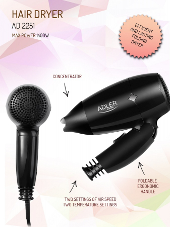Uscator de par cu maner pliabil Adler 2251 1400W concentrator de aer cablu 173 cm negru [5]
