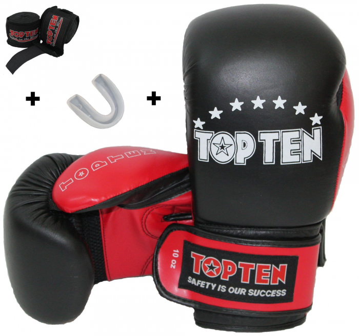 Kit de început manusi de box proteza de gura si bandaje, Top Ten, Negru-Rosu, 16 oz [1]