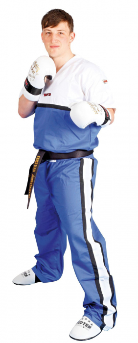 Pantaloni Kickboxing Superfighter Collection, aprobat WAKO Top Ten, Alb-Albastru, 130 cm [1]