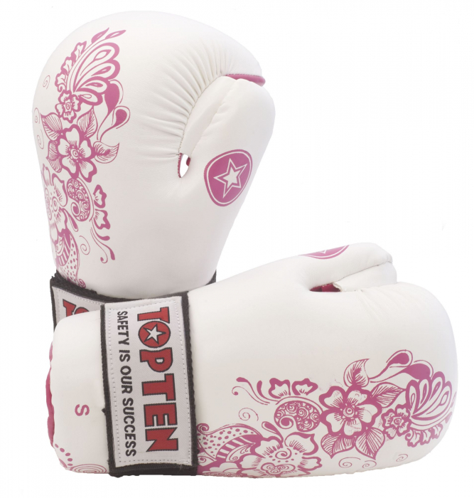 Mănuși kickbox “Flowers” pentru femei, omologat WAKO , Top Ten, Alb Roz, XS [1]