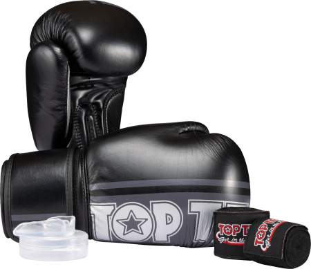 Kickboxing - Boxing starter set "Mentor" with mouth guard and hand wraps - 10 oz, black-white